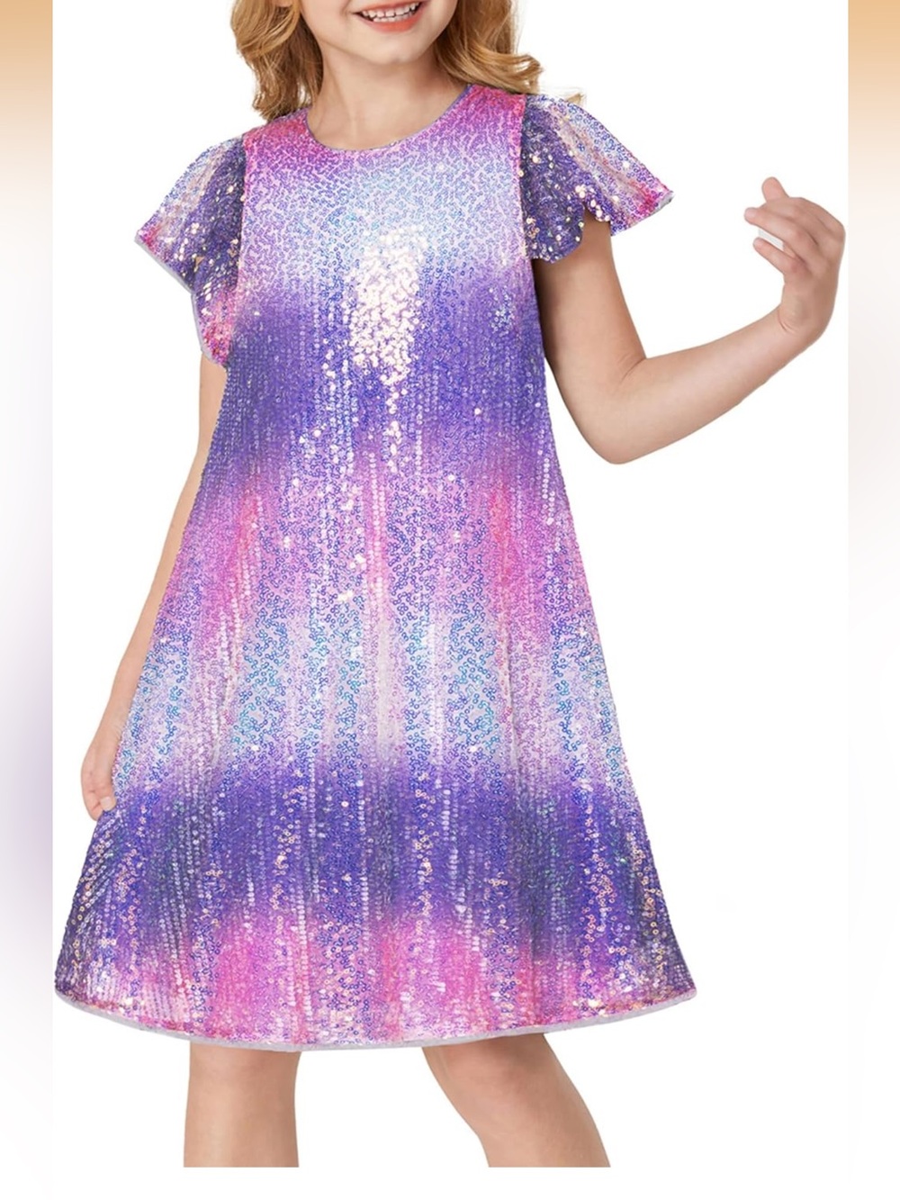 GRACE KARIN Girls Sequin Dress Short Flutter Sleeve Flare Silhouette Midi Dress